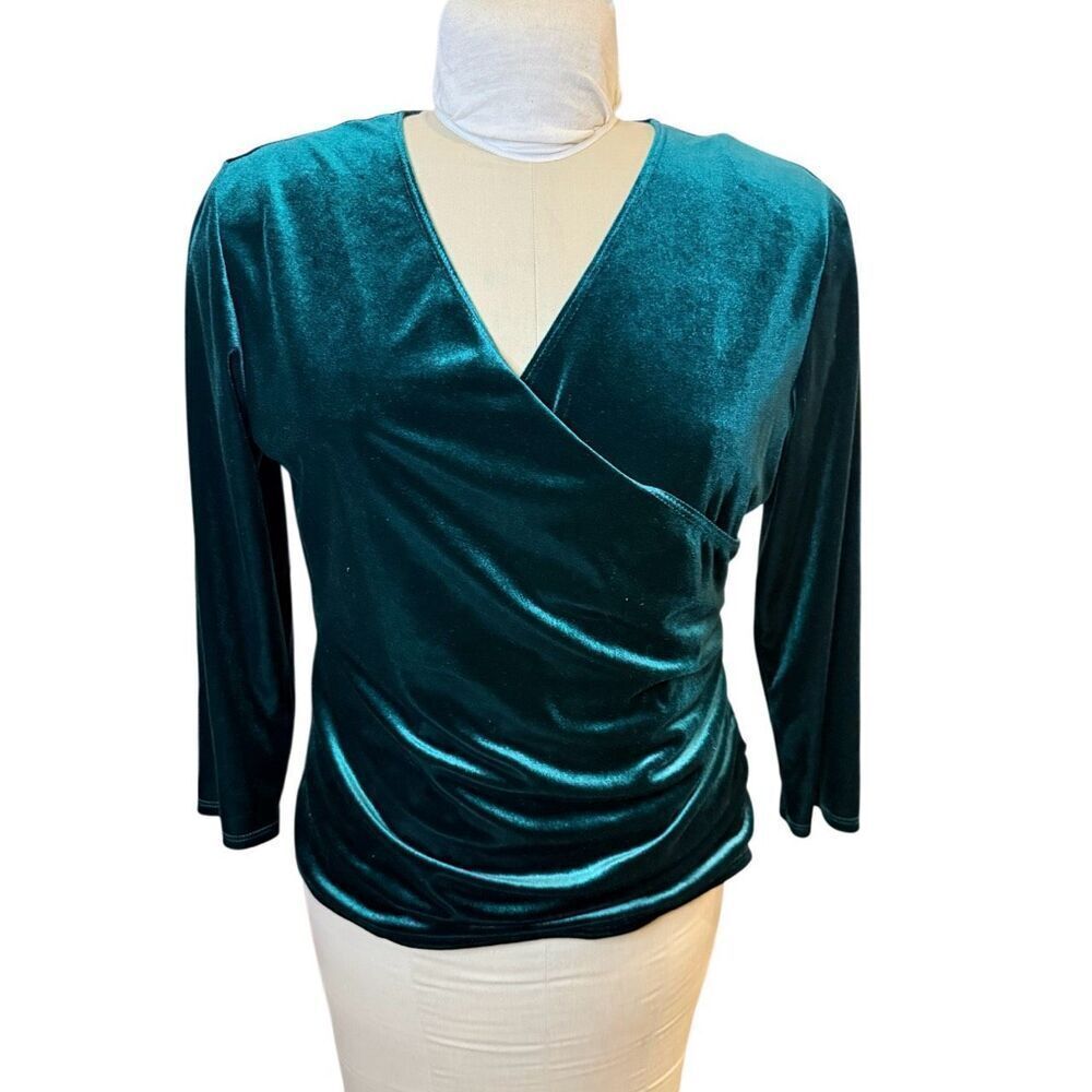 MSK Faux Wrap Emerald Green Velour Top Occasion Sz. M Holidays